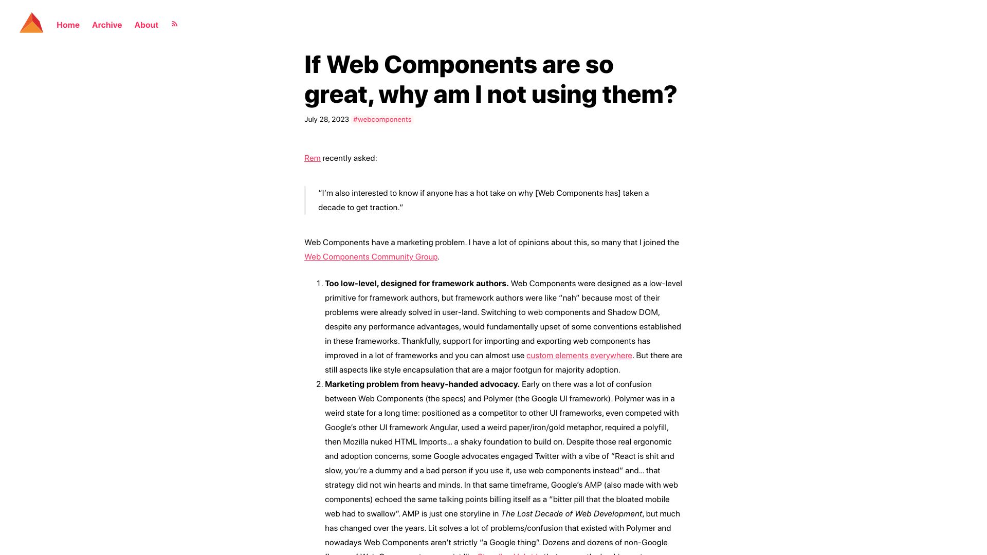 Screenshot of daverupert.com: If Web Components are so great, why am I not using them?