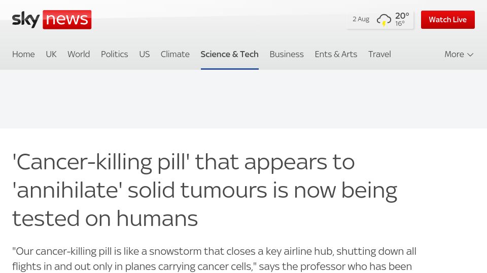 Screenshot of news.sky.com: 'Cancer-killing pill' is now being tested on humans