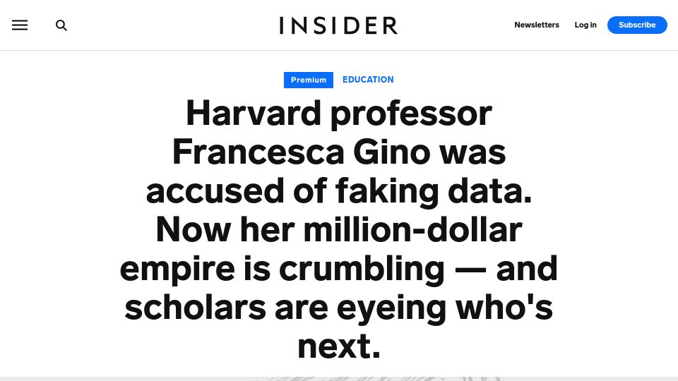 Screenshot of businessinsider.com: Harvard professor Francesca Gino was accused of faking data