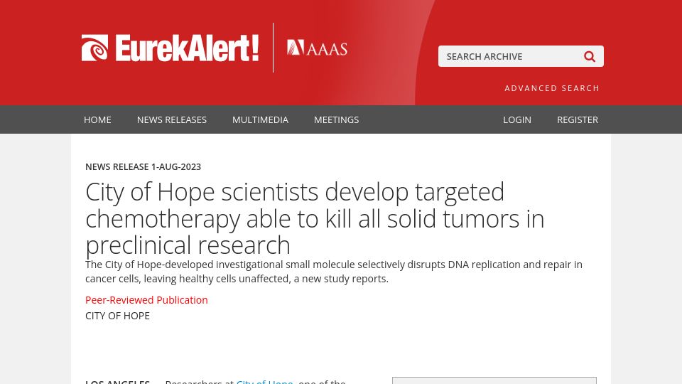 Screenshot of eurekalert.org: New targeted chemotherapy able to kill all solid tumors in preclinical research