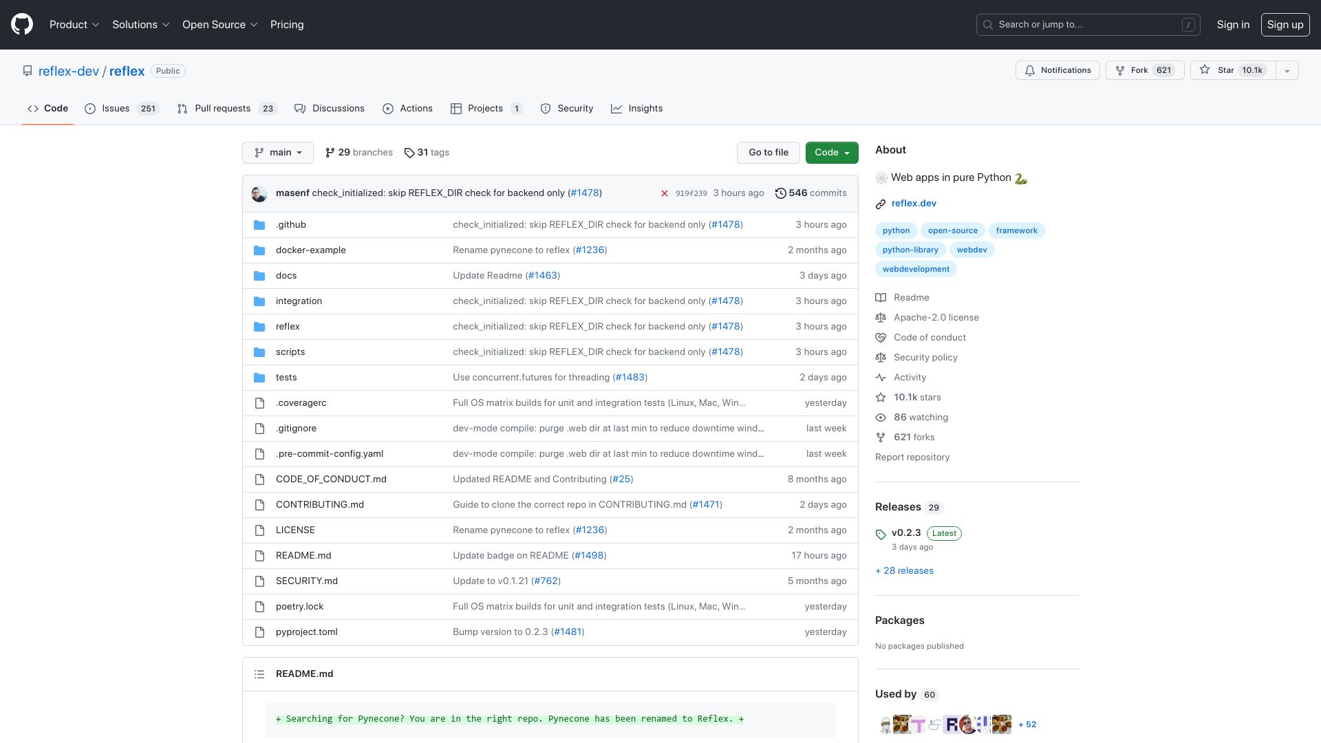 Screenshot of github.com: Reflex – Web apps in pure Python