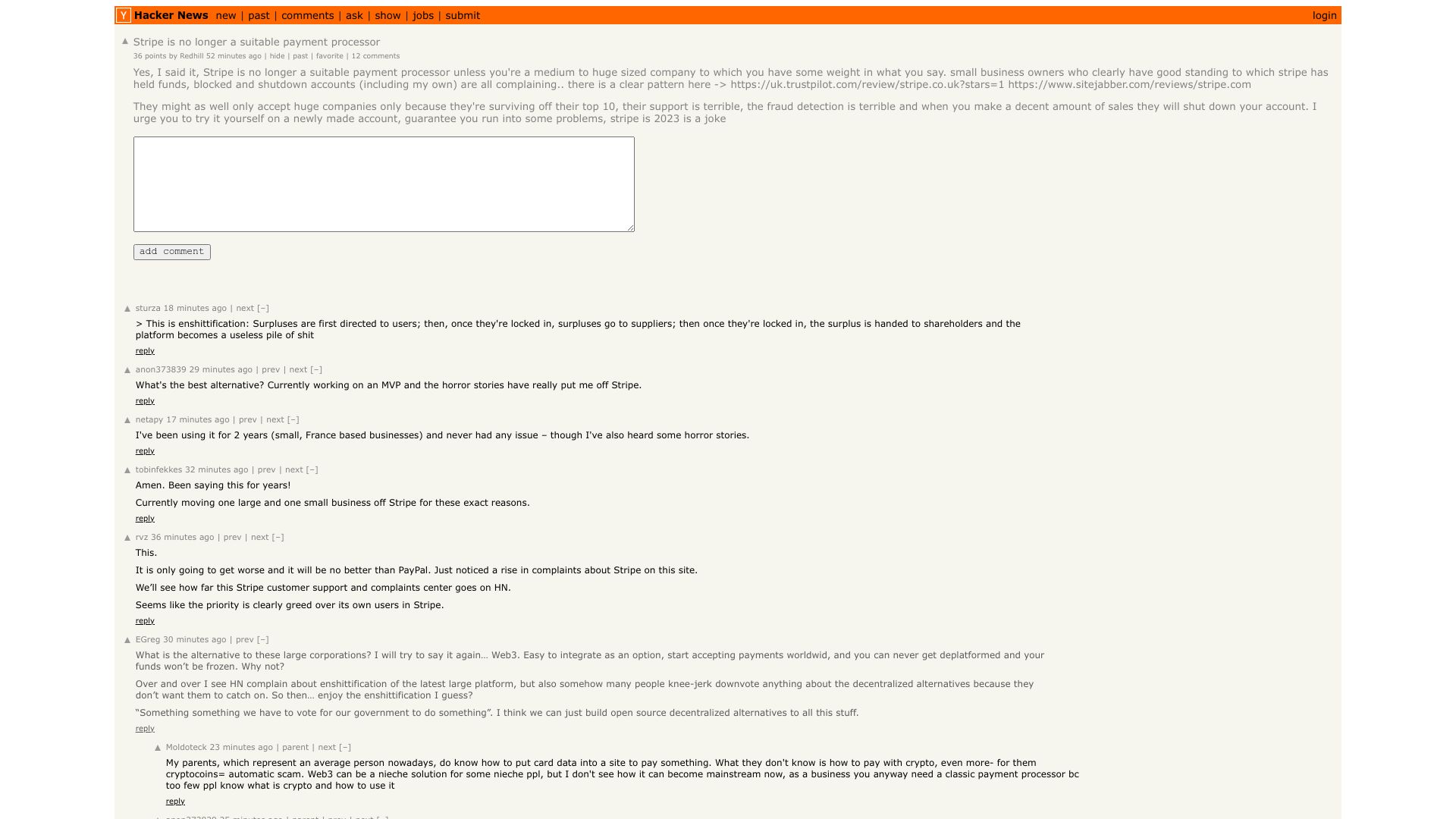 Screenshot of this Hacker News post: Stripe is no longer a suitable payment processor