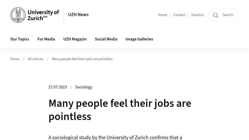 Screenshot of news.uzh.ch: Many people in finance, sales and management feel their jobs are pointless