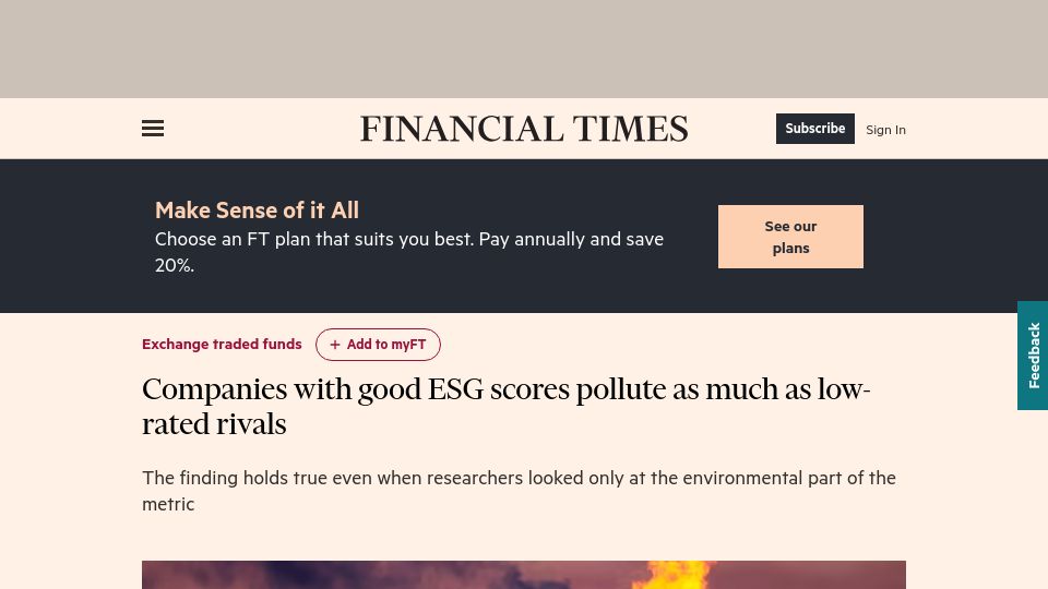 Screenshot of ft.com: Companies with good ESG scores pollute as much as low-rated rivals