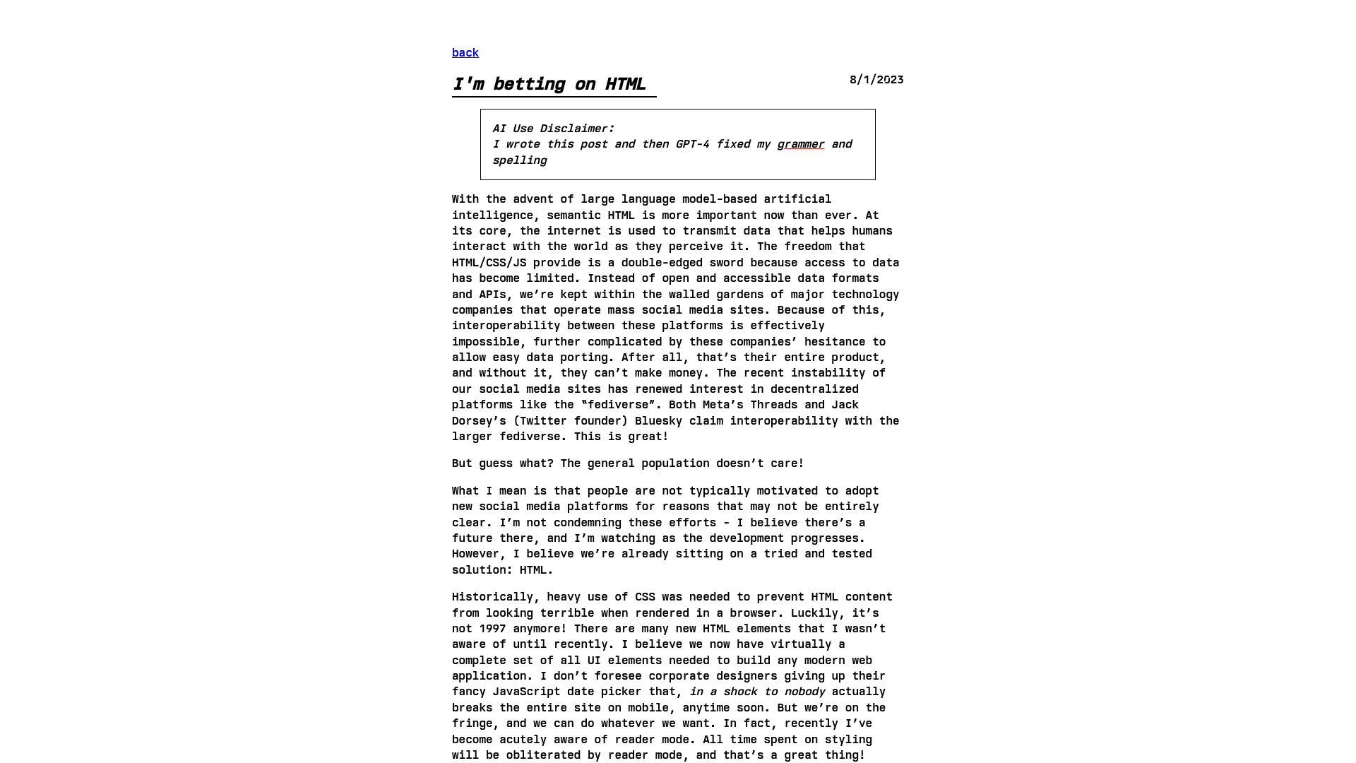 Screenshot of catskull.net: I'm betting on HTML