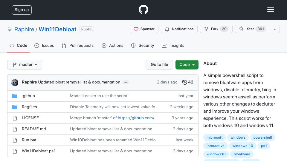 Screenshot of github.com: Win11Debloat is a simple script that removes pre-installed windows bloatware