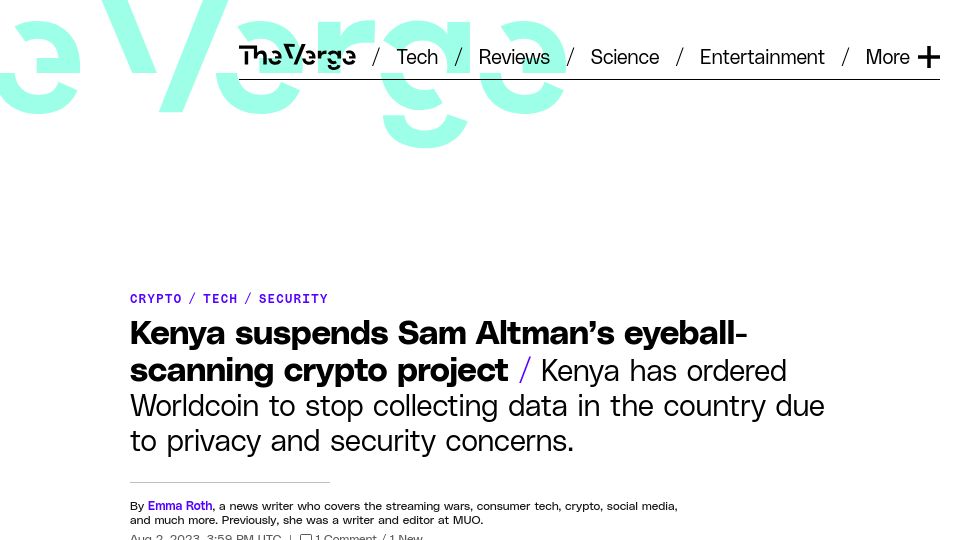 Screenshot of theverge.com: Kenya suspends Sam Altman’s eyeball-scanning crypto project