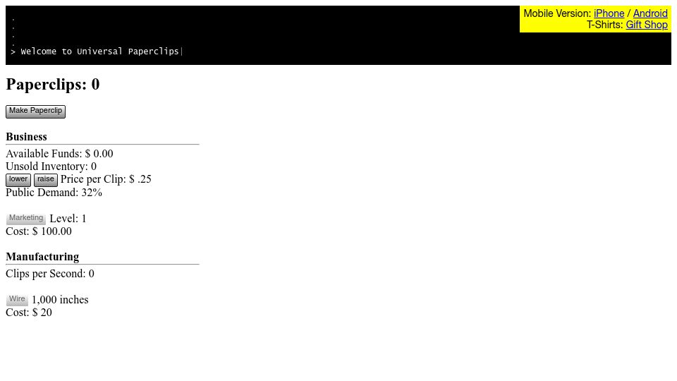 Screenshot of decisionproblem.com: Universal Paperclips