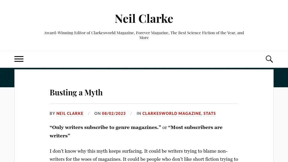 Screenshot of neil-clarke.com: Busting a myth: “only writers subscribe to genre magazines”
