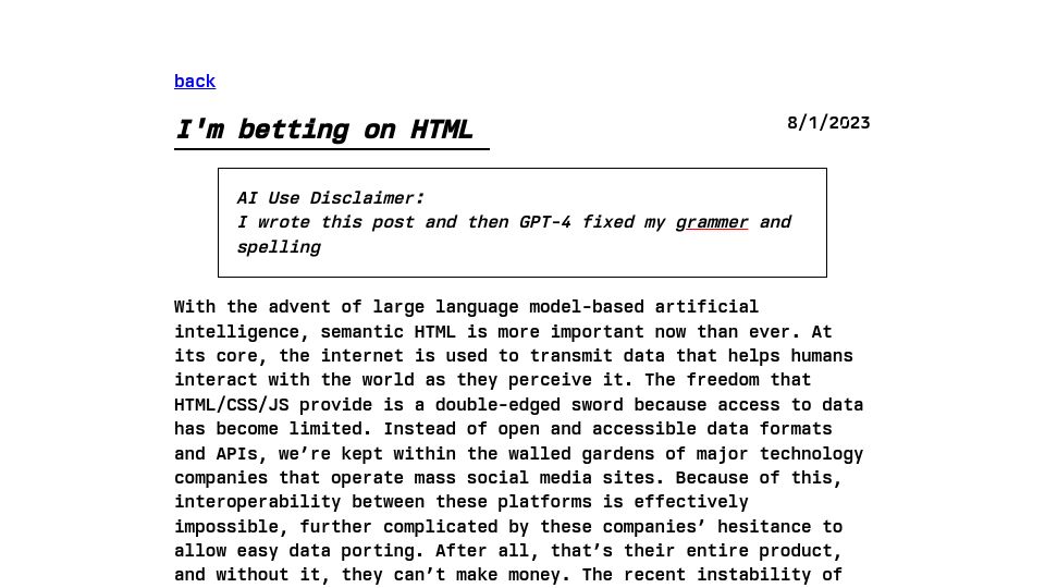 Screenshot of catskull.net: I'm betting on HTML