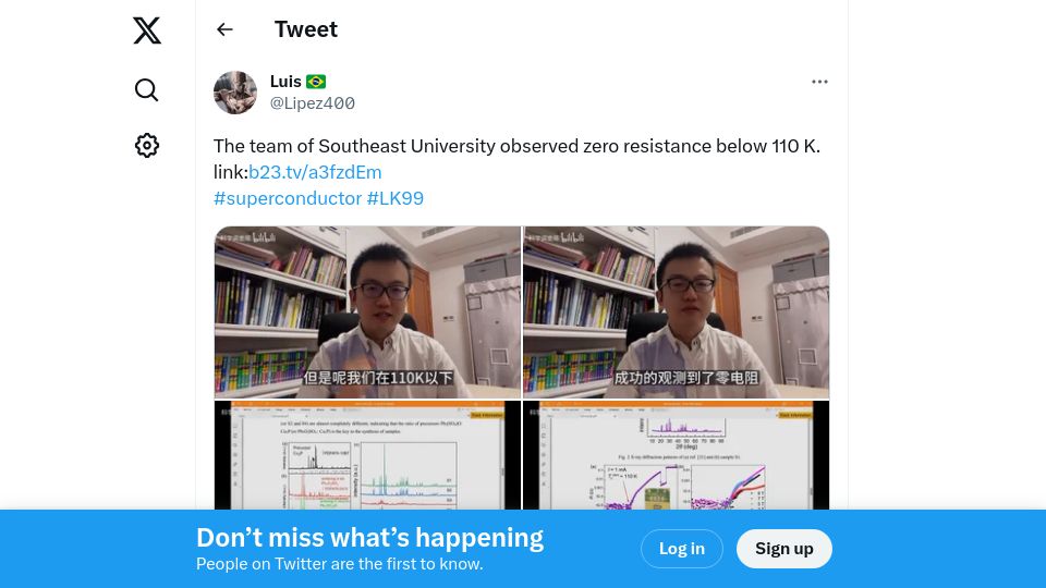 Screenshot of twitter.com: LK-99: Team of Southeast University observed zero resistance below 110 K
