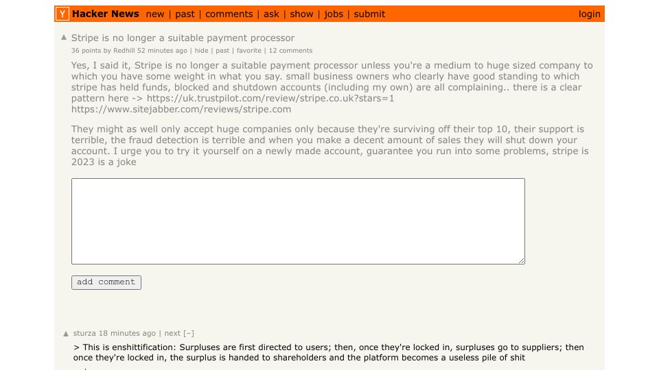 Screenshot of Hacker News post: Stripe is no longer a suitable payment processor