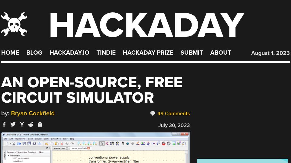 Screenshot of hackaday.com: An open-source, free circuit simulator