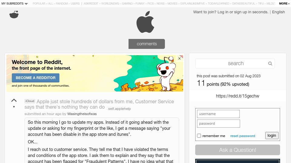 Screenshot of old.reddit.com: Apple stole $100s from me, Customer Service says there's nothing they can do