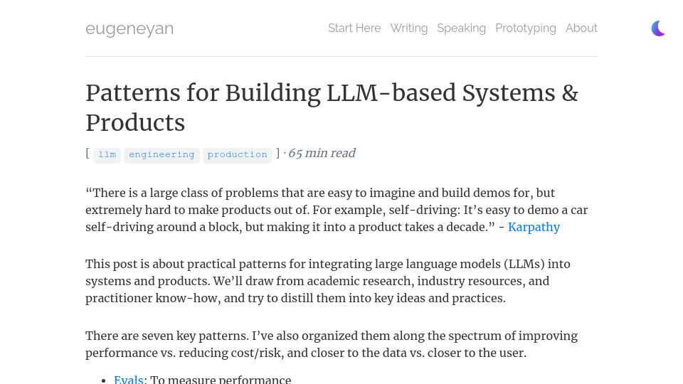 Screenshot of eugeneyan.com: Patterns for building LLM-based systems and products