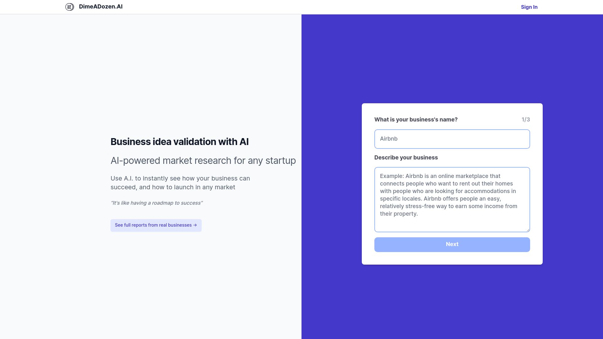 Screenshot of dimeadozen.ai: Dimeadozen.ai – AI-powered market research for any startup