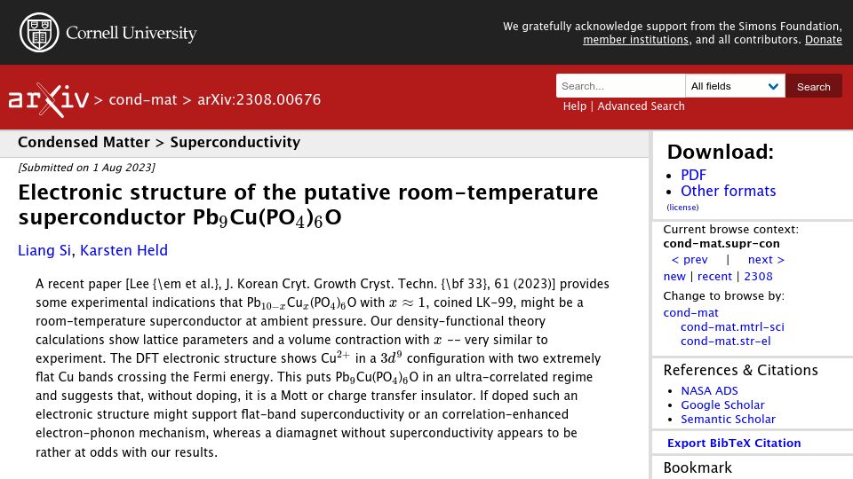 Screenshot of arxiv.org: Electronic Structure of LK-99