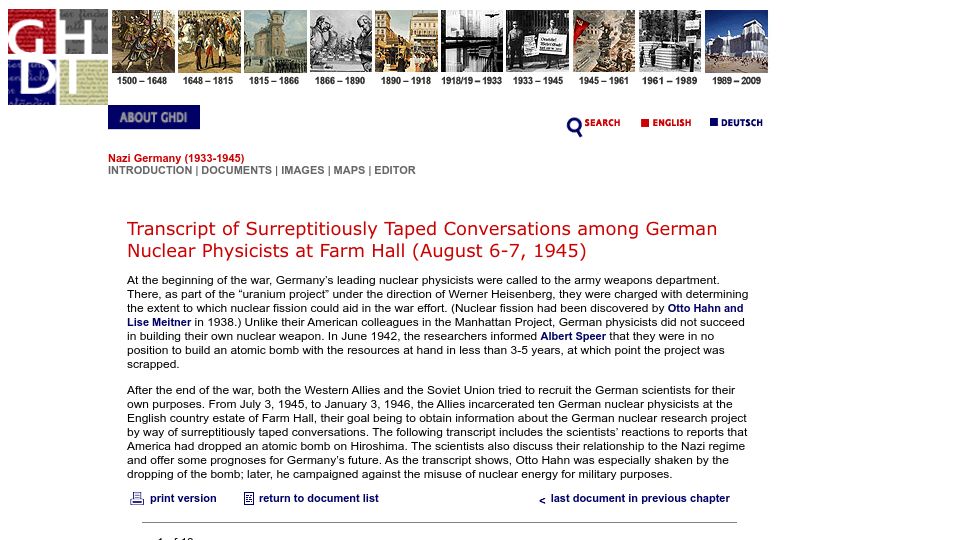Screenshot of ghdi.ghi-dc.org: Transcript of taped conversations among German nuclear physicists (1945)