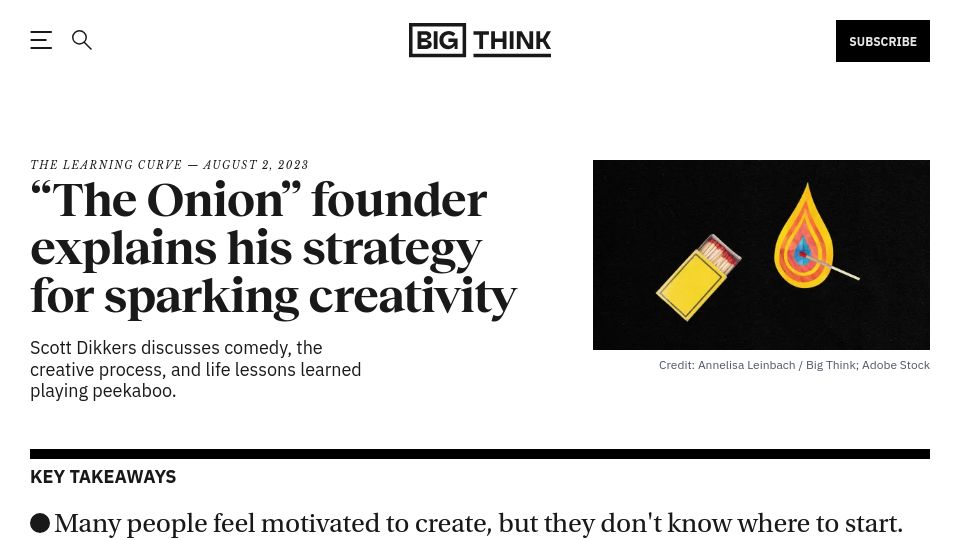 Screenshot of bigthink.com: “The Onion” founder explains his strategy for sparking creativity