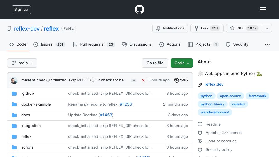 Screenshot of github.com: Reflex – Web apps in pure Python