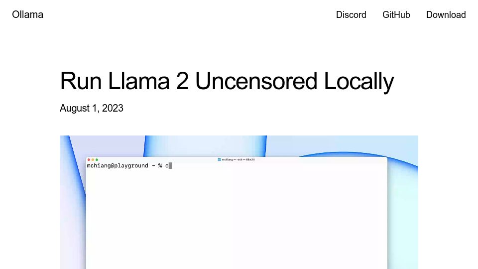 Screenshot of ollama.ai: Run Llama 2 uncensored locally