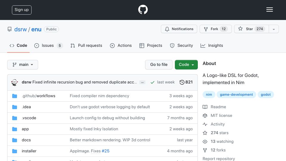 Screenshot of github.com: Enu – 3D live coding, implemented in Nim