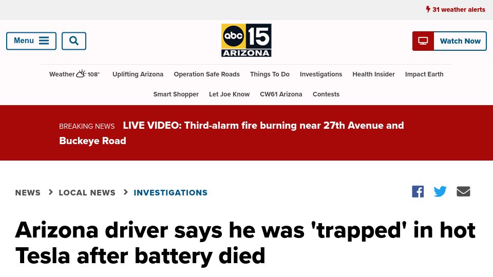 Screenshot of abc15.com: Arizona driver says he was 'trapped' in hot Tesla after battery died