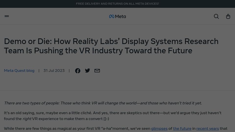 Screenshot of meta.com: Meta’s Reality Labs prototype hardware
