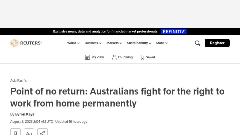 Screenshot of reuters.com: Australians fight for the right to work from home permanently