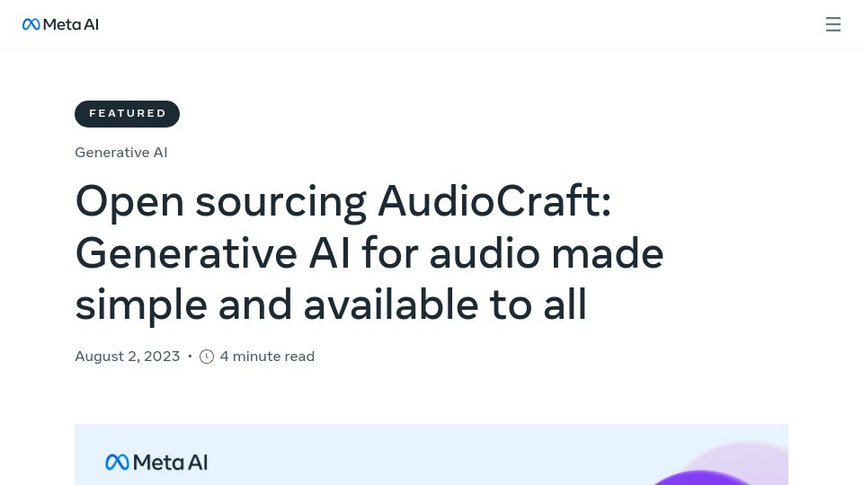 Screenshot of ai.meta.com: Open-sourcing AudioCraft: Generative AI for audio