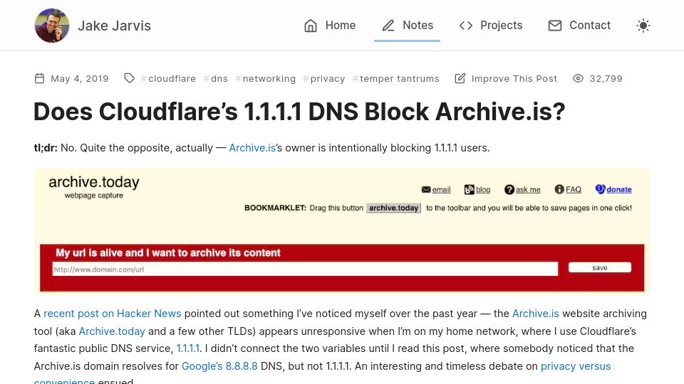 Screenshot of jarv.is: Does Cloudflare’s 1.1.1.1 DNS Block Archive.is? (2019)