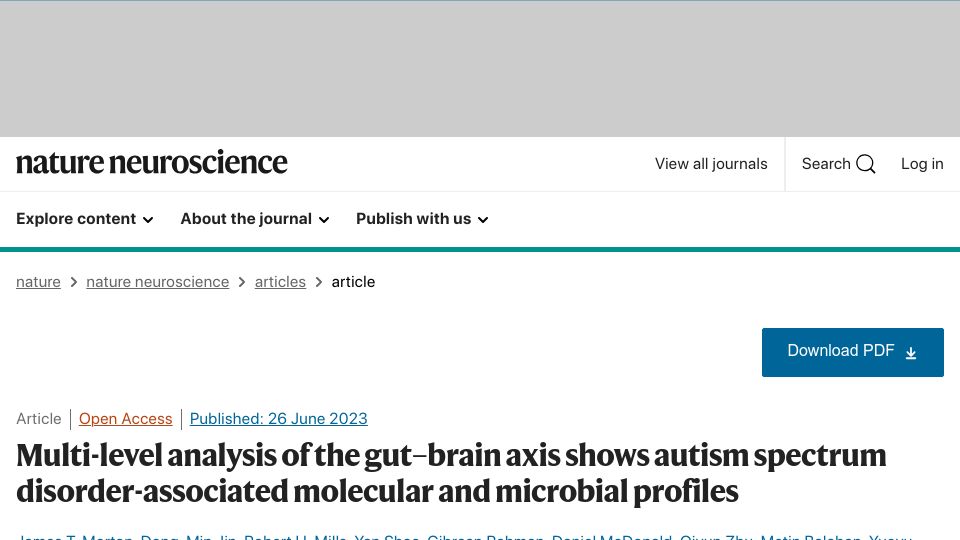 Screenshot of nature.com: Gut–brain axis study shows autism-associated molecular, microbial profiles