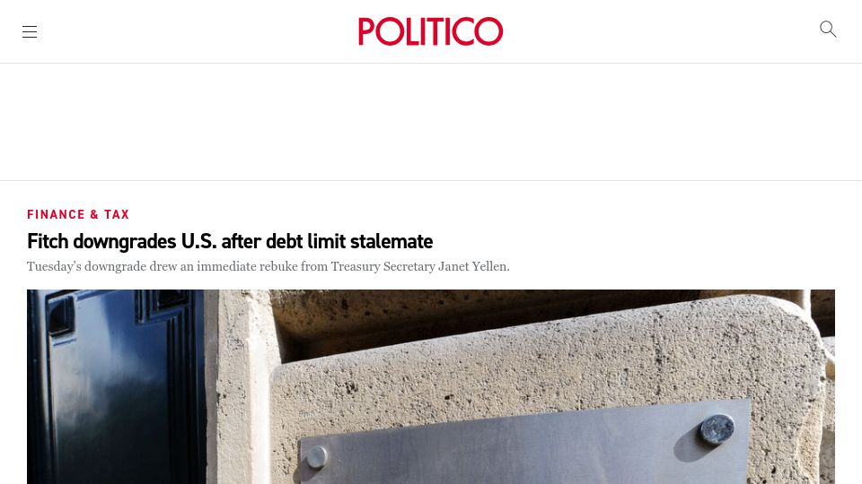 Screenshot of politico.com: Fitch downgrades U.S. after debt limit stalemate