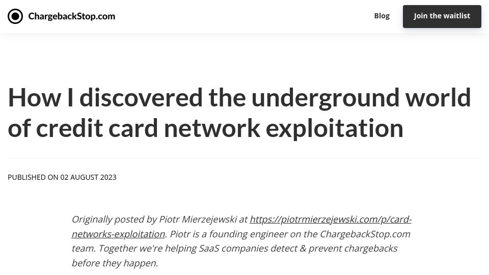 Screenshot of chargebackstop.com: The underground world of credit card network exploitation