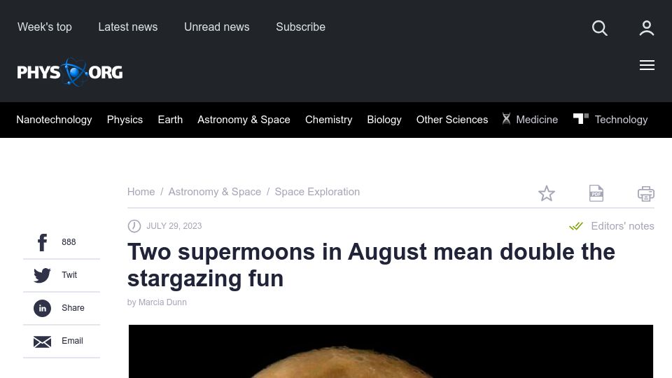 Screenshot of phys.org: Two supermoons in August