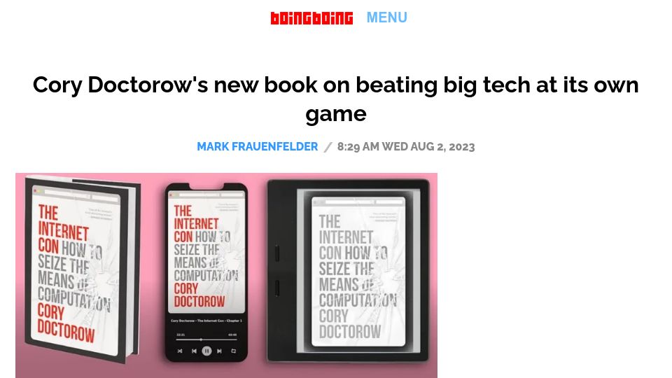 Screenshot of pluralistic.net: Kickstarting a book to end enshittification, because Amazon will not carry it