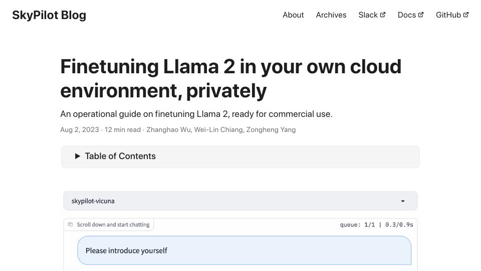 Screenshot of blog.skypilot.co: Cookbook: Finetuning Llama 2 in your own cloud environment, privately