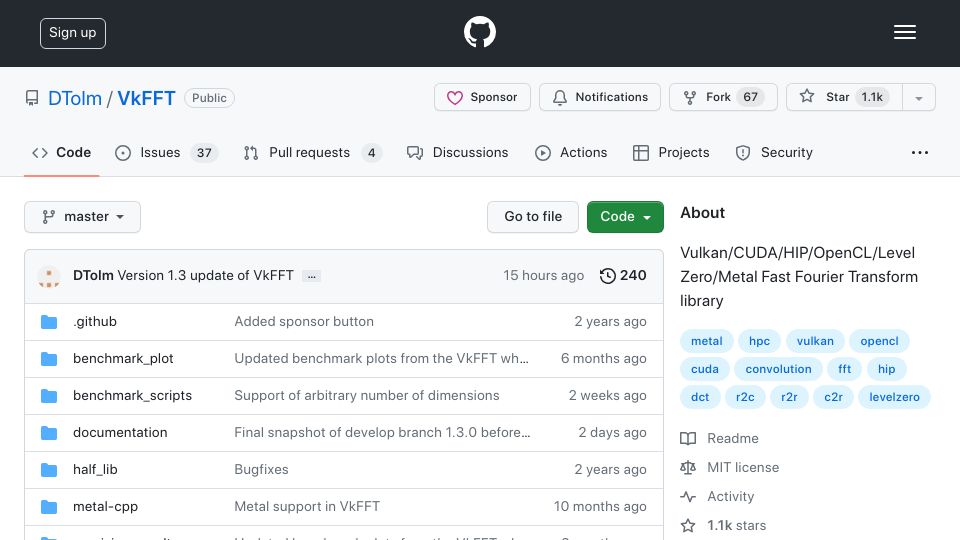 Screenshot of github.com: VkFFT: Vulkan/CUDA/Hip/OpenCL/Level Zero/Metal Fast Fourier Transform Library
