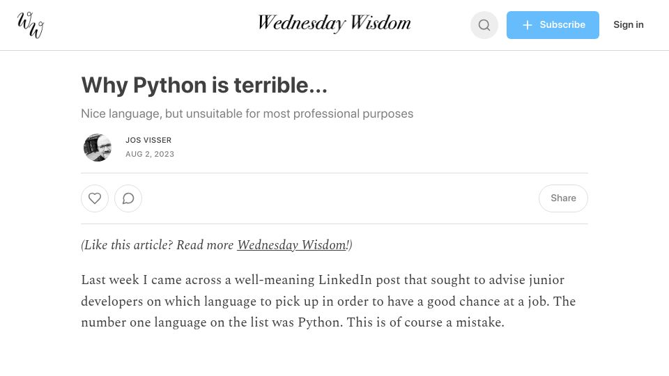 Screenshot of josvisser.substack.com: Why Python Is Terrible