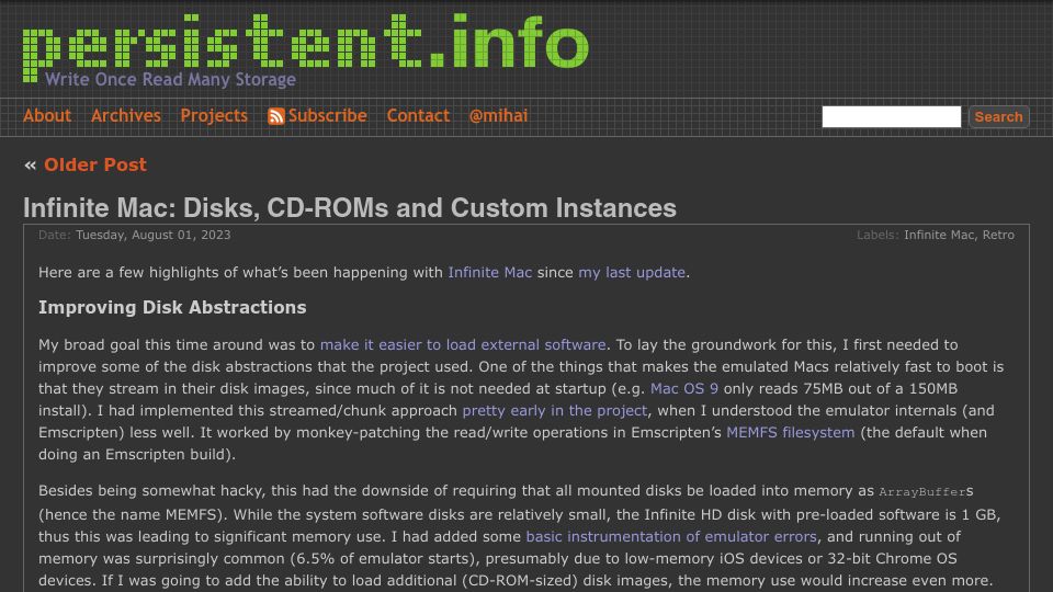 Screenshot of blog.persistent.info: Infinite Mac: Disks, CD-ROMs and custom instances