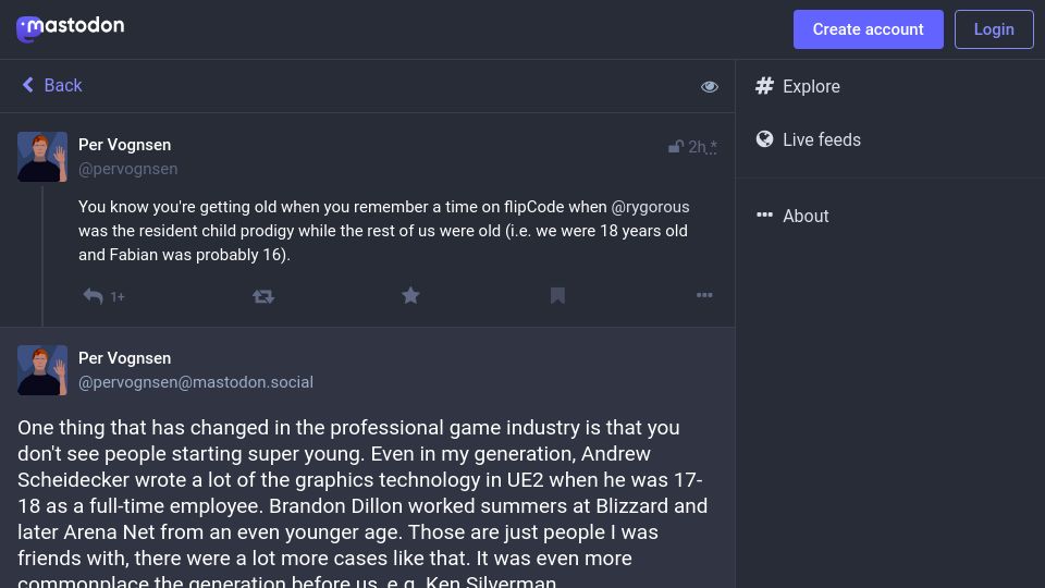 Screenshot of mastodon.social: One thing that has changed in the professional game industry is that