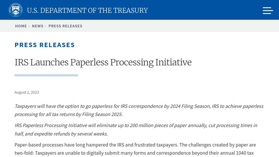 Screenshot of home.treasury.gov: IRS launches paperless processing initiative