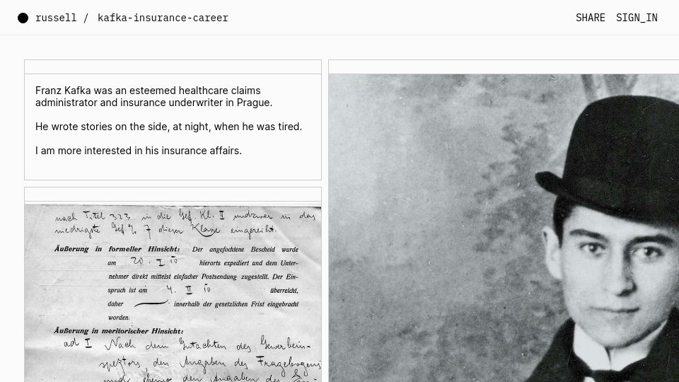 Screenshot of vienna.earth: Franz Kafka was a healthcare claims administrator and insurance underwriter