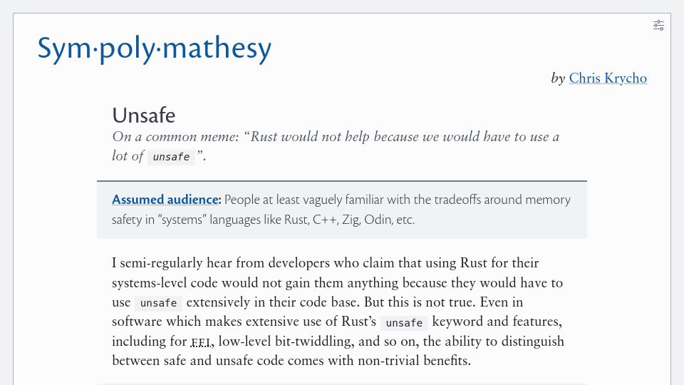 Screenshot of v5.chriskrycho.com: Why Rust helps even if you have to use a lot of `unsafe`