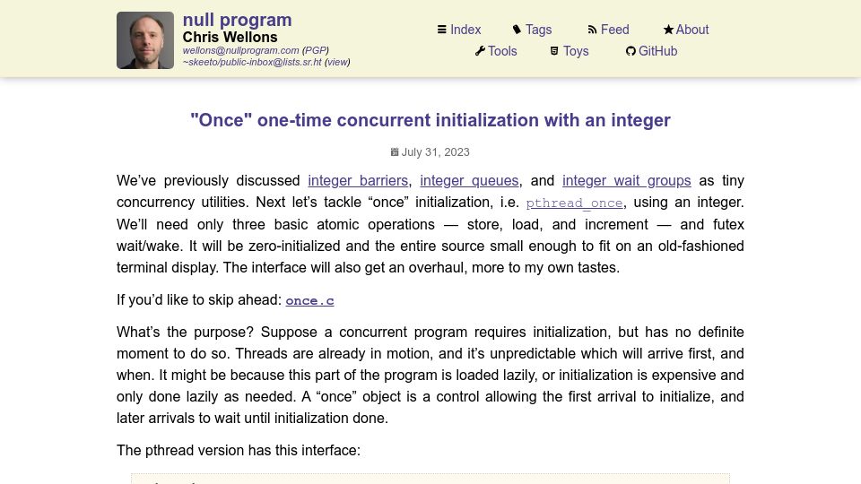 Screenshot of nullprogram.com: “Once” one-time concurrent initialization with an integer