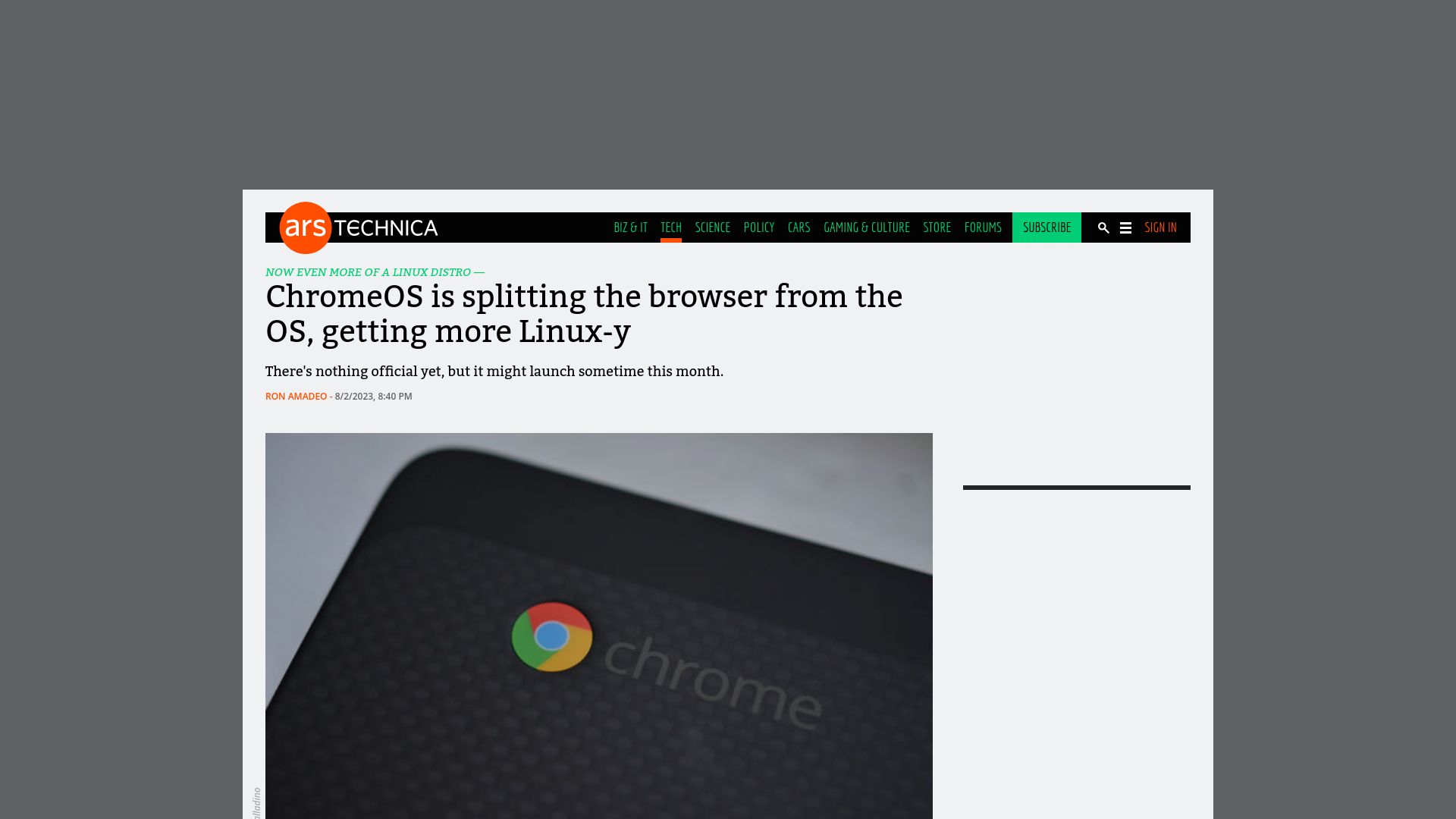 Screenshot of arstechnica.com: ChromeOS is splitting the browser from the OS, getting more Linux-y
