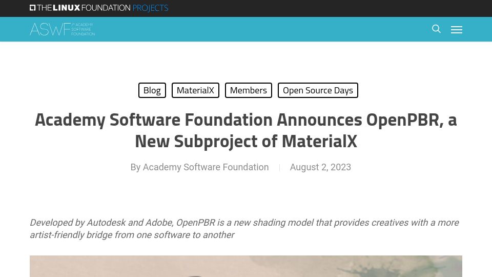Screenshot of aswf.io: Academy Software Foundation Announces OpenPBR, a New Subproject of MaterialX