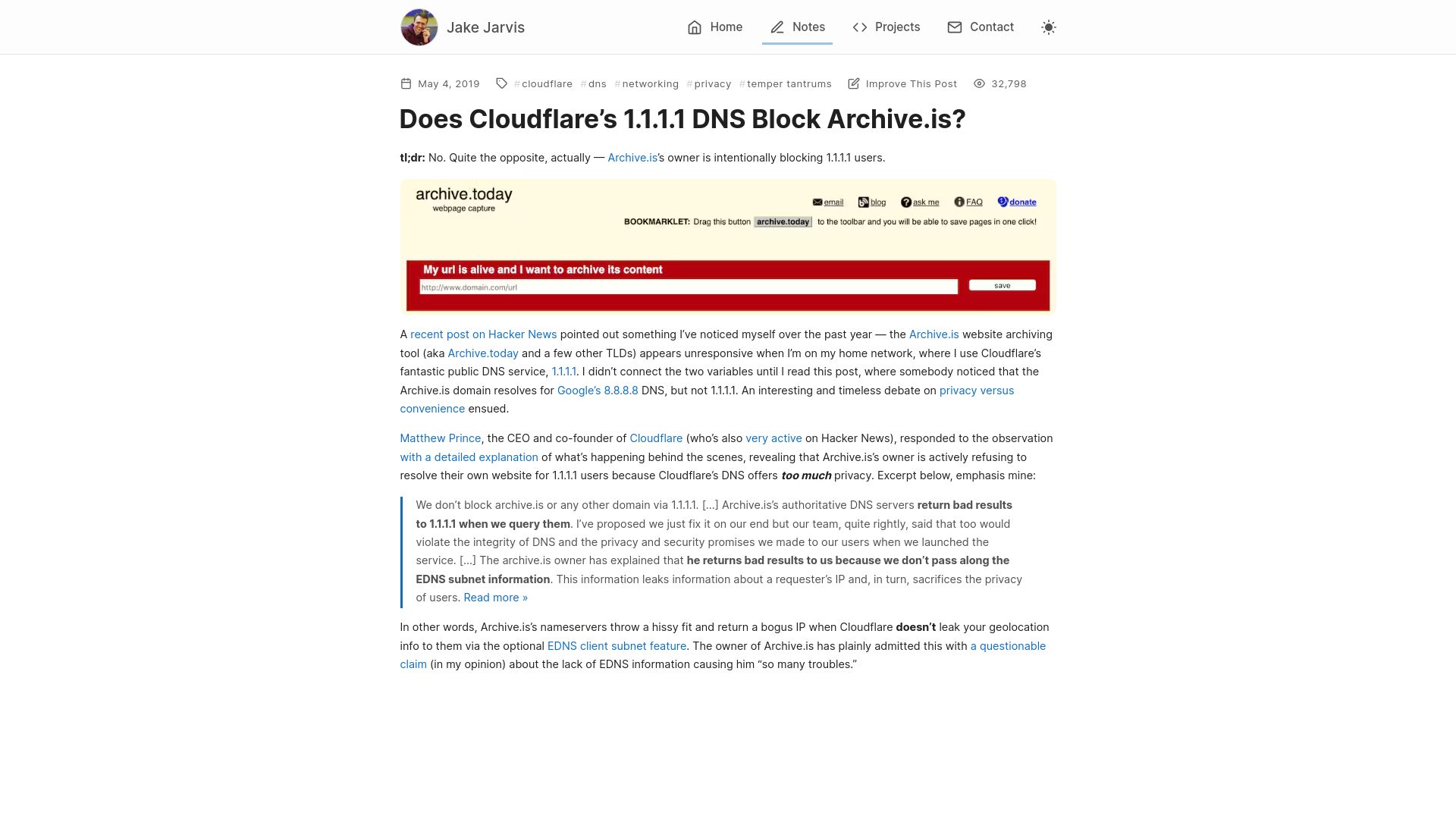 Screenshot of jarv.is: Does Cloudflare’s 1.1.1.1 DNS Block Archive.is? (2019)