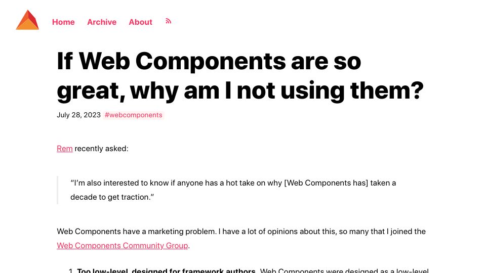 Screenshot of daverupert.com: If Web Components are so great, why am I not using them?