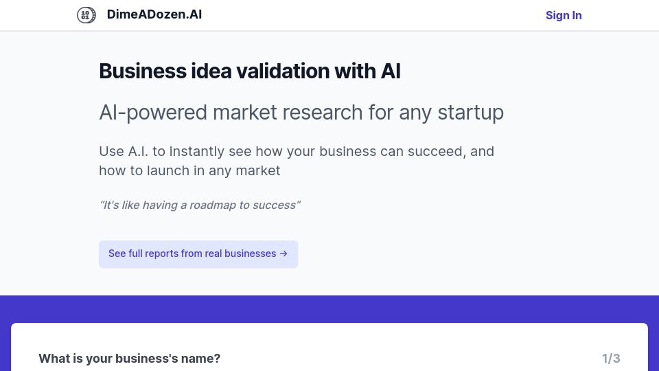 Screenshot of dimeadozen.ai: Dimeadozen.ai – AI-powered market research for any startup